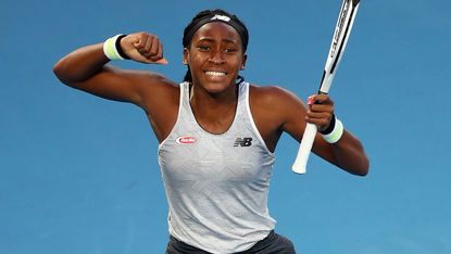 Coco Gauff celebrates winning match point against Naomi Osaka at the Australian Open