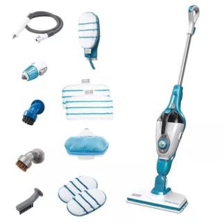 Black + Decker Steam Mop with the seven attachments on the left hand side