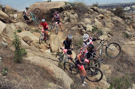 Racers trying to negotiate the new technical singletrack at Fontana