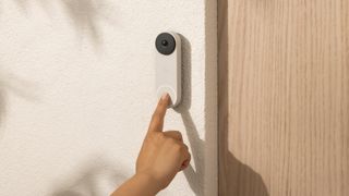 Google Nest Doorbell (wired, 2nd-gen) Linen button push lifestyle