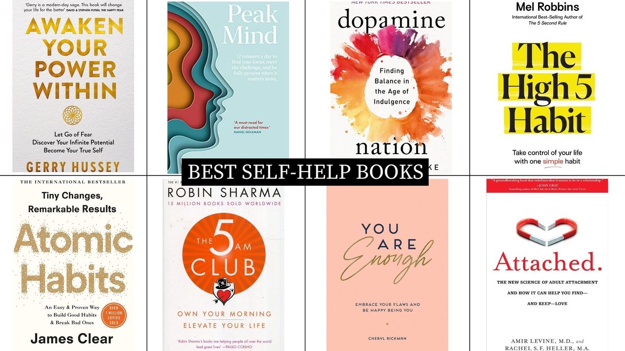 a collage image featuring eight of the books in woman and home&#039;s best self-help books round-up