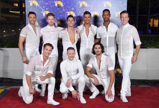 Giovanni Pernice, Neil Jones, Gorka Marquez, Aljaz Skorjanec, Johannes Radebe and Anton Du Beke (L-R front row) AJ Pritchard, Kevin Clifton and Graziano Di Prima attend the "Strictly Come Dancing" launch show red carpet arrivals at Television Centre on August 26, 2019