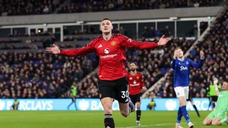 Benjamin Sesko of Manchester United celebrates their goal to make it 0-1 during the Premier League match between Everton and Manchester United at Hill Dickinson Stadium on February 23, 2026 in Liverpool, England.