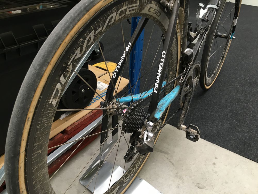 Mud is still splattered on the Dura Ace C50 rim.