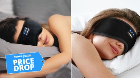 Two photos of women wearing the black Musicozy sleep headband while sleeping