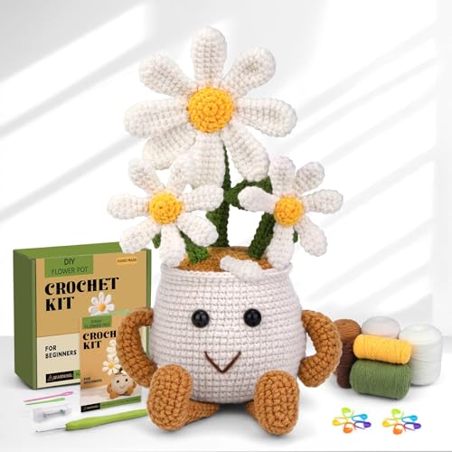 Enchol Crochet Kit for Beginners, Daisy Potted Beginner Crochet Kits for Adults, Crochet Starter Kit With Step-By-Step Video Tutorials, Complete Crochet Accessories for Mother's Day Diy Craft