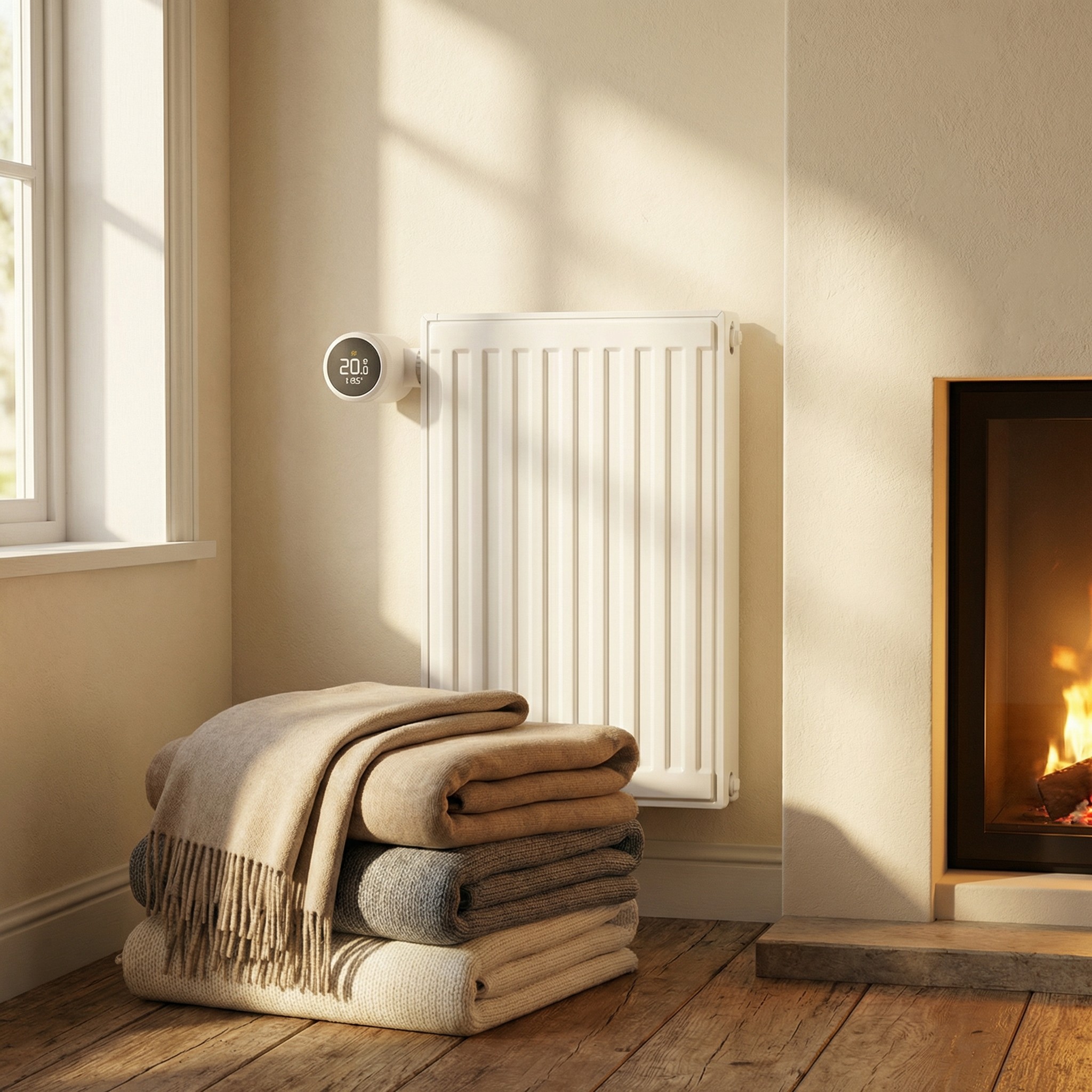 Tado X White Smart Thermostatic Radiator Head on a radiator next to a fire and a pile of blankets