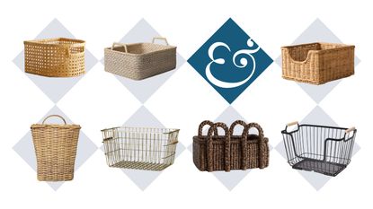 A collage of kitchen storage baskets