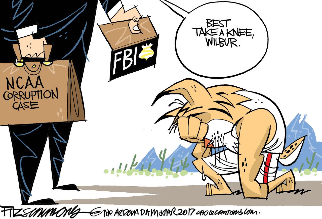 Political cartoon U.S. NCAA coaches corruption NFL kneeling