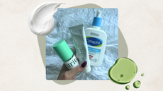Image of hand holding green bottle of Purito serum, Dr Althea 345 cream, and Cetaphil cleanser, on a beige background with green detail, cream and green serum swatches