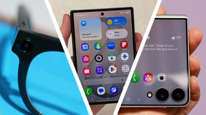 Samsung's Intelligent Eyewear smart glasses next to a hand holding the Samsung Galaxy Fold 8 next to a hand holding the Z Flip 8