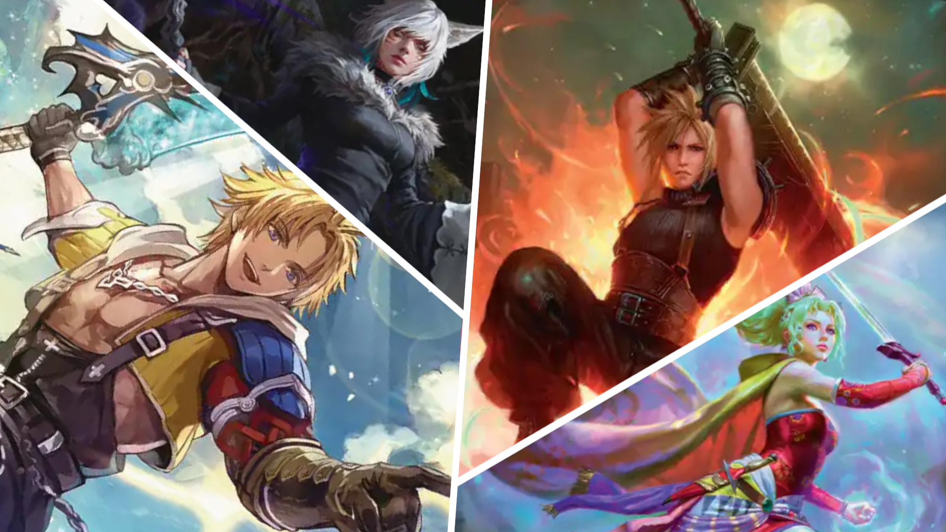 Tidus, Y&#039;shtola, Cloud, and Terra artwork divided by white lines