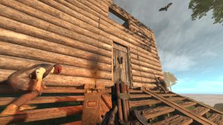 A player looking at a building in Lost Isle.