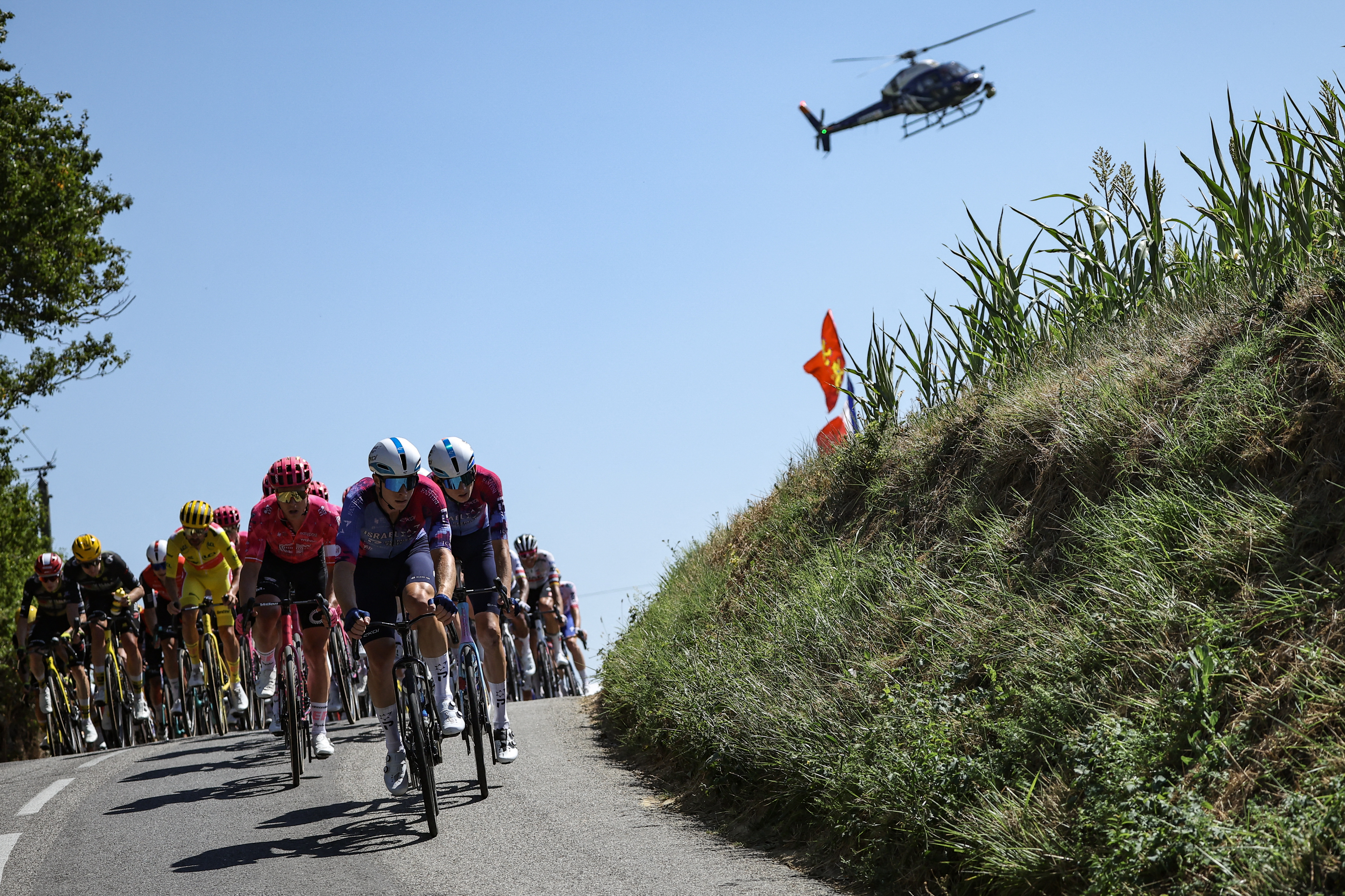 The peloton at the Tour de France filmed by a TV helicopter