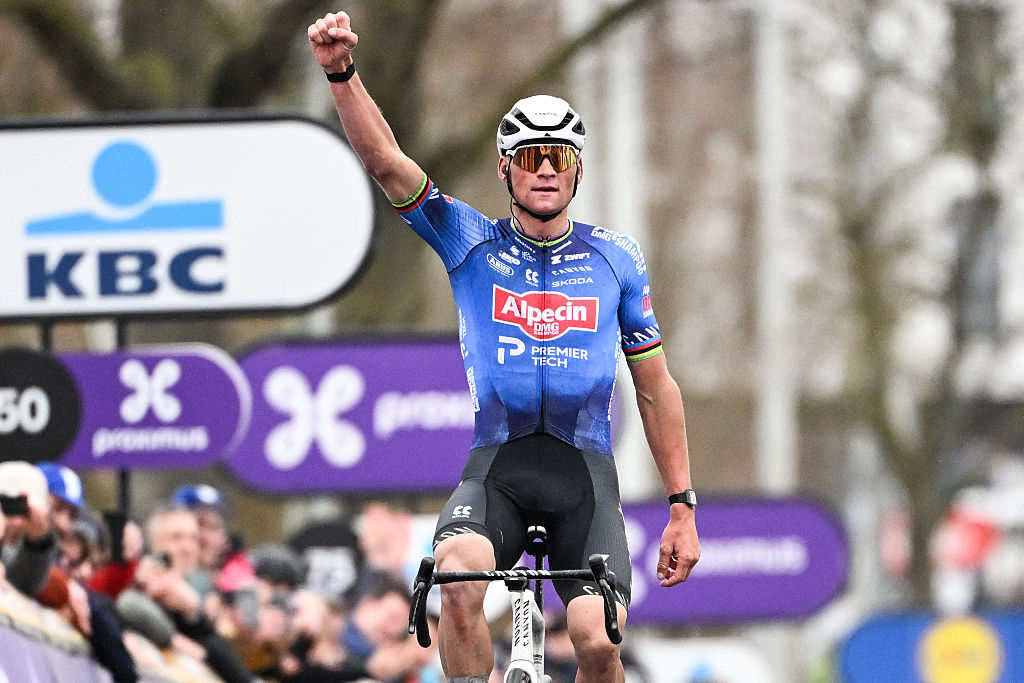 Netherlands' Mathieu van der Poel of Alpecin-Premier Tech celebrates as he wins the 81st edition of the men's one-day cycling race Omloop Het Nieuwsblad (UCI World Tour), the opening race of the Flemish one-day classics season, 207,6 km from Gent to Ninove on February 28, 2026. (Photo by MAARTEN STRAETEMANS / Belga / AFP) / Belgium OUT
