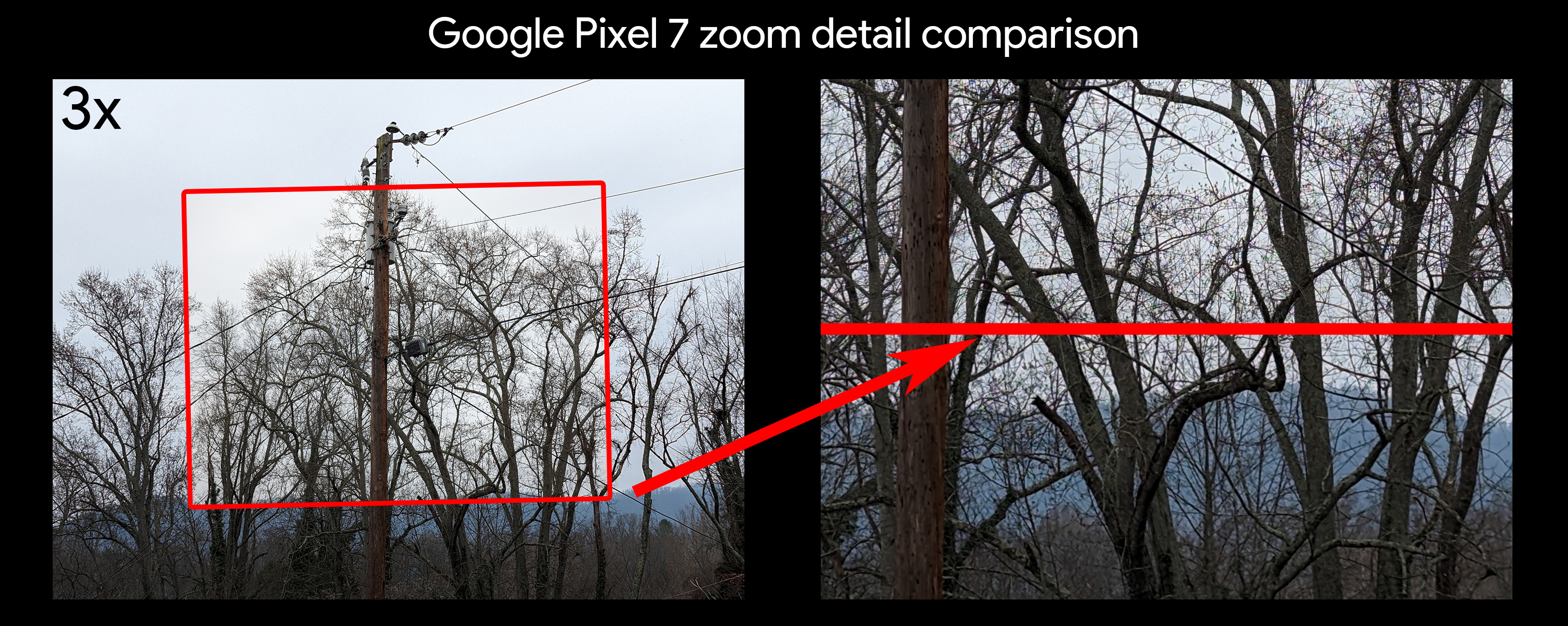 Comparando áreas com qualidade de zoom de 3x em um Google Pixel 7 Pro