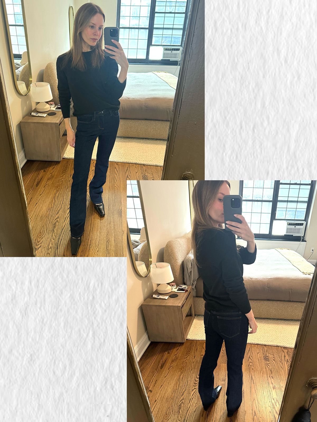 Nikki wears joe's jeans petite jeans.