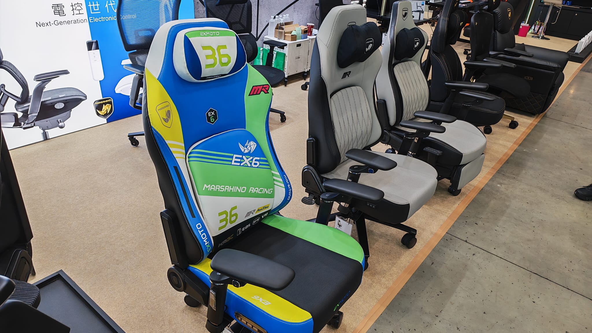 A row of MarsRhino gaming chairs