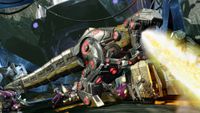 A metallic, robotic Tyrannosaurus Rex breathes a stream of fire in a dark, industrial environment filled with smaller mechanical creatures and debris.