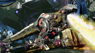 A metallic, robotic Tyrannosaurus Rex breathes a stream of fire in a dark, industrial environment filled with smaller mechanical creatures and debris.