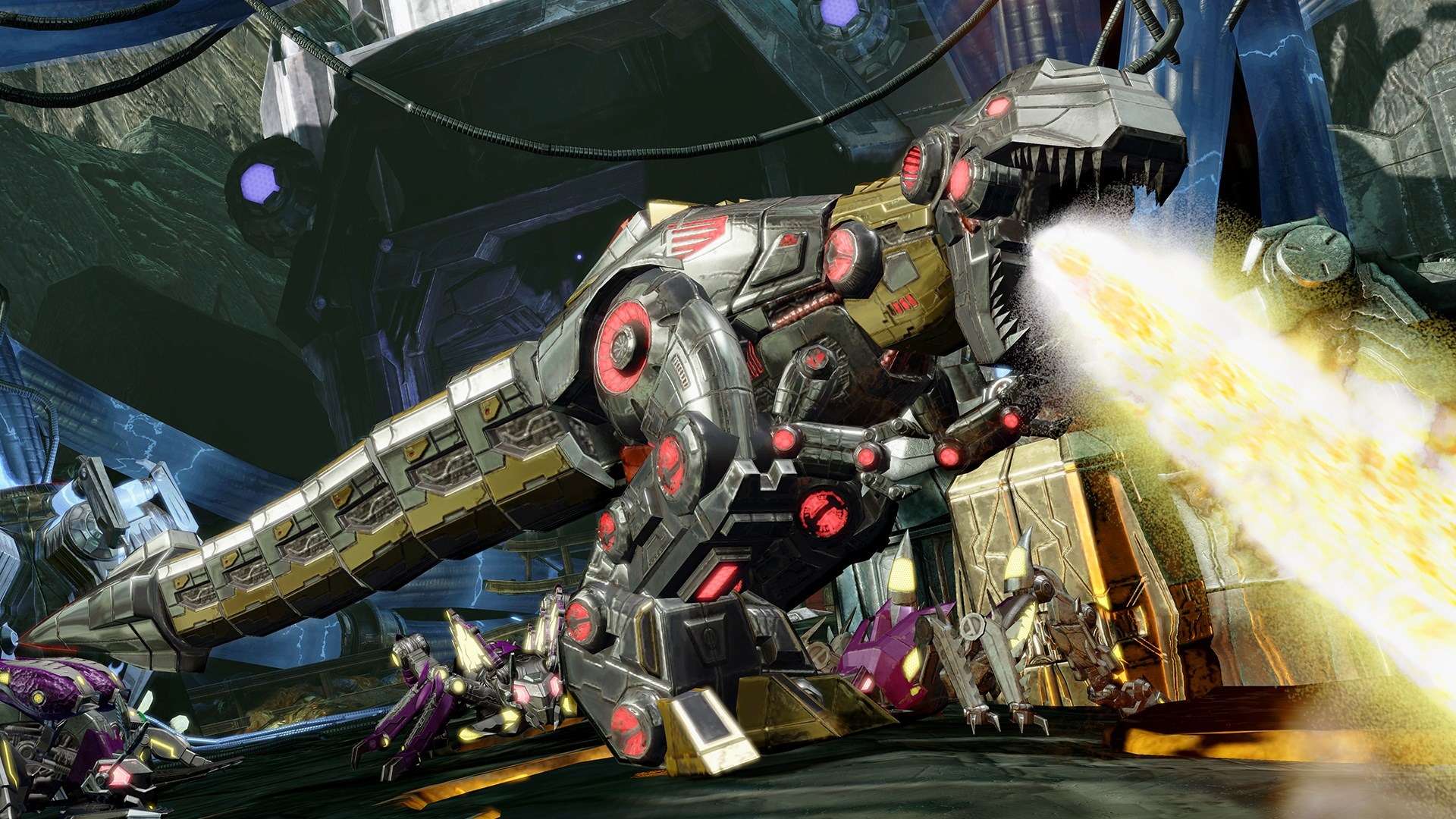 A metallic, robotic Tyrannosaurus Rex breathes a stream of fire in a dark, industrial environment filled with smaller mechanical creatures and debris.