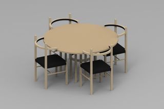 Dining set, with 4 maple wood chairs with black leather trims and matching round maple wood table. Photograhed against a grey background