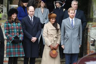 Prince William, Duke of Cambridge, Catherine, Duchess of Cambridge, Meghan Markle and Prince Harry attend Christmas Day Church service at Church of St Mary Magdalene on December 25, 2017