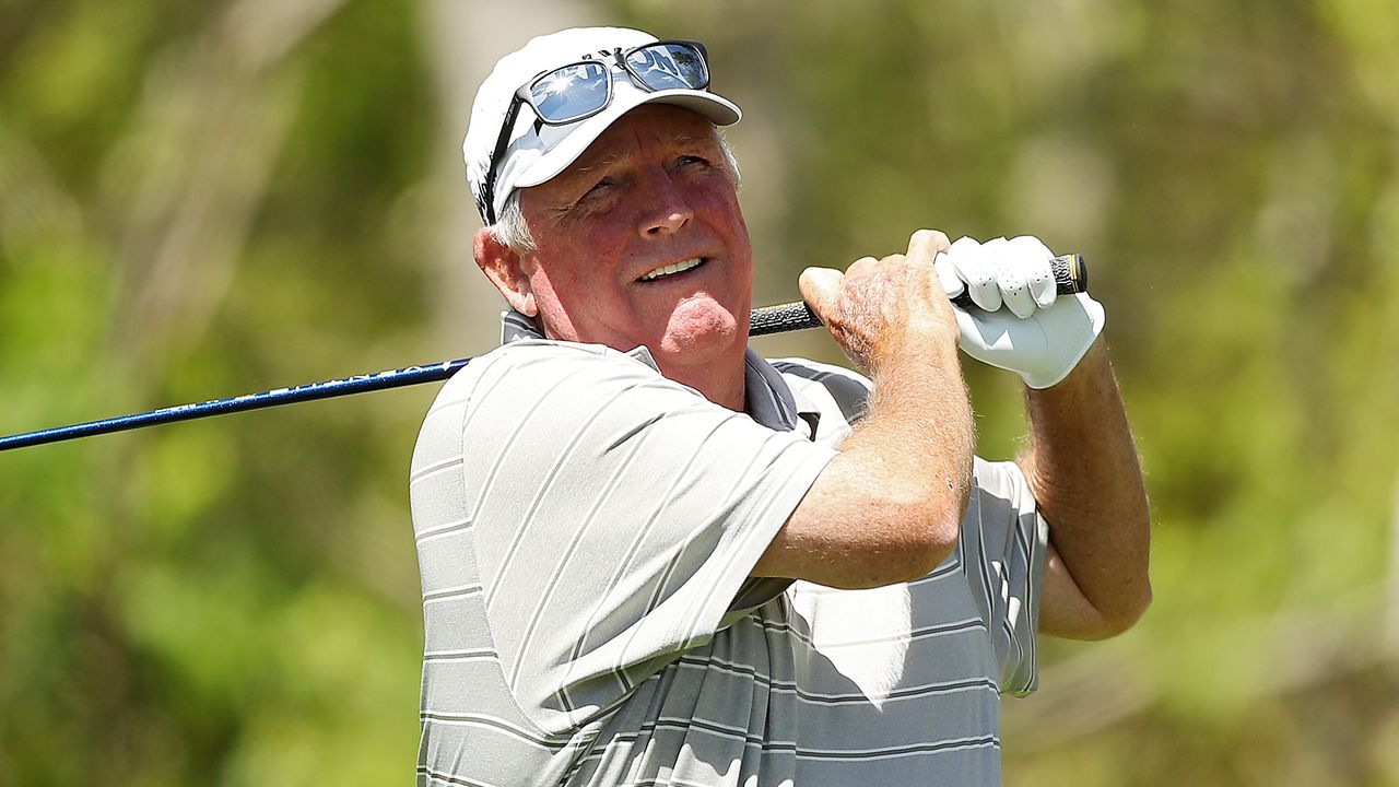 Mark Calcavecchia plays a tee shot during the 2022 Rapiscan Systems Classic