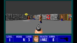 A screenshot of Wolfenstein 3D, complete with Blazkowicz's face representing the player's health status.