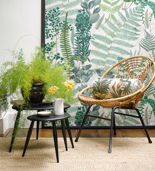 Rattan armchair in front of botanical wallpaper