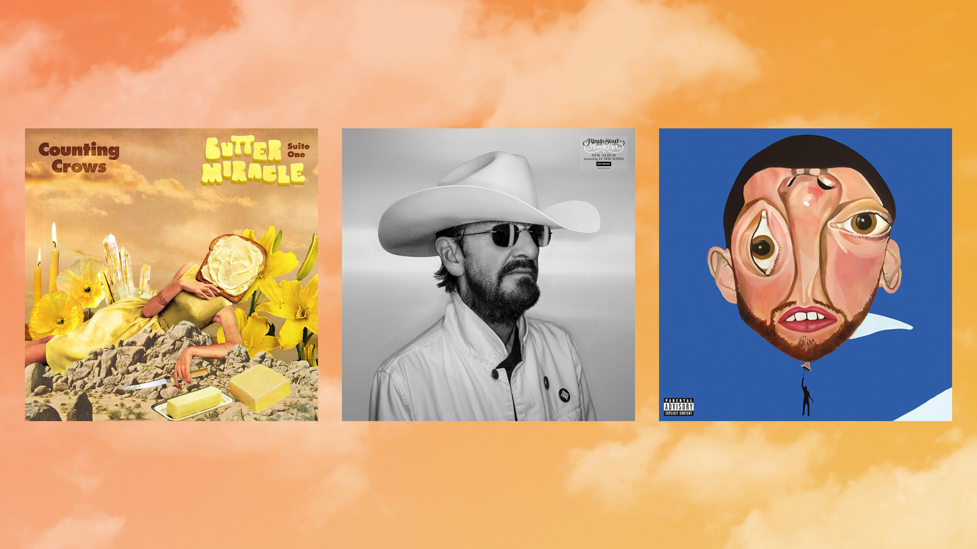 Composite of Counting Crows, Ringo Starr and Mac Miller album covers