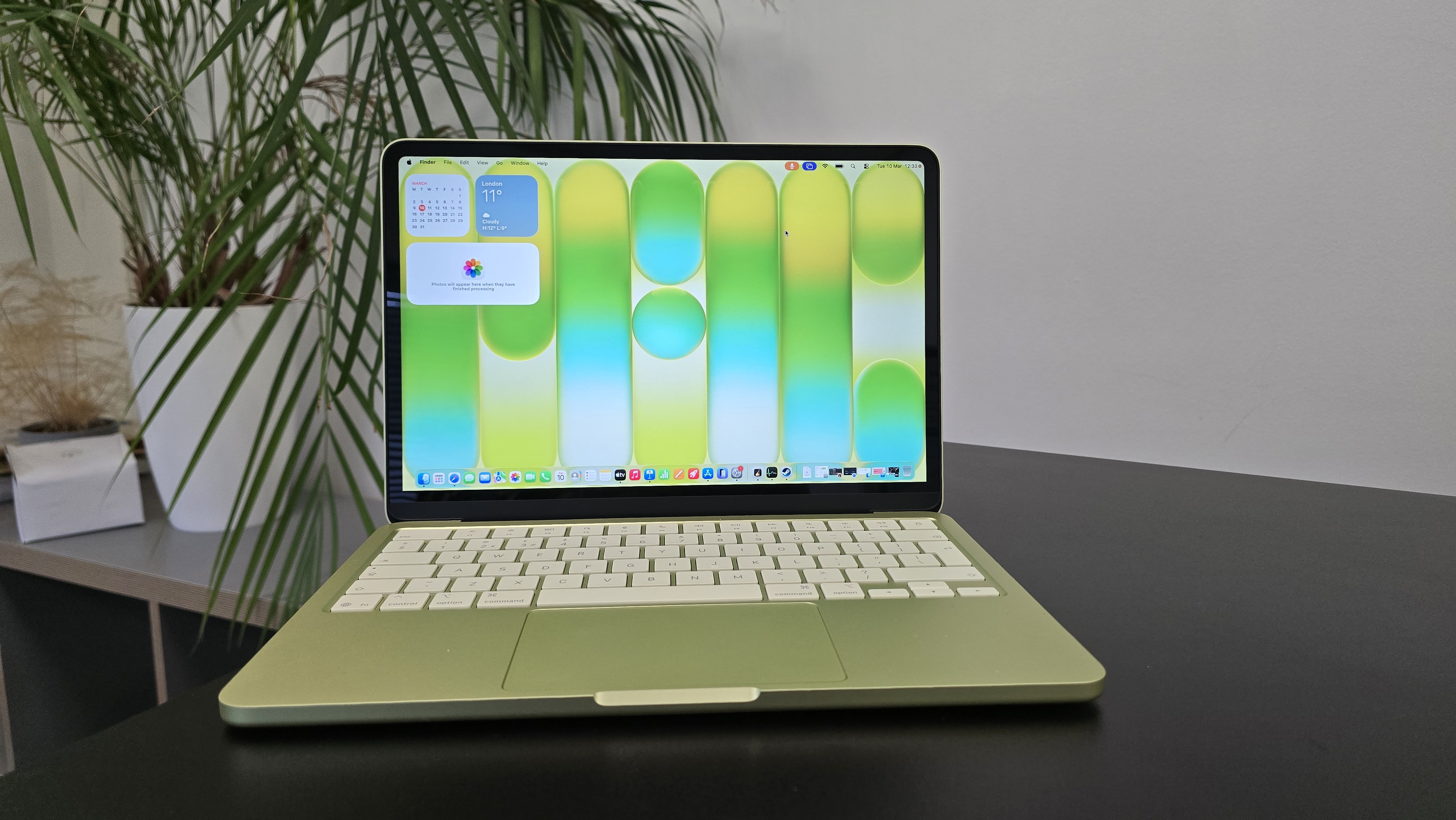 MacBook Neo laptop on a desk with plant in background