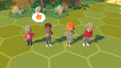 Proxi characters stand on green hexagons of grass