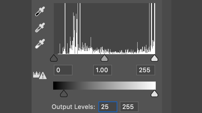Adobe Photoshop editing interface, showing output levels