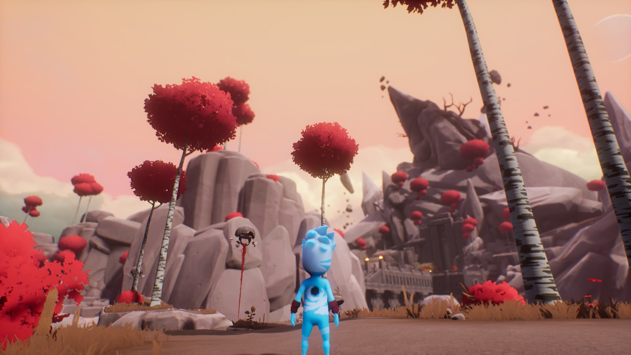 A blue man gazes across a grove of crimson trees