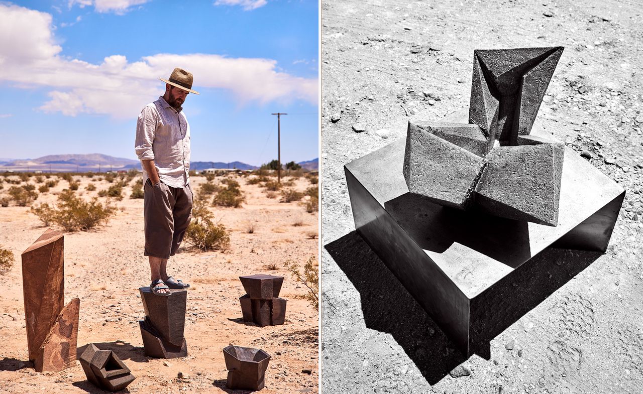 Jonathan Cross in Joshua Tree with some of his artworks