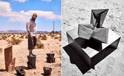 Jonathan Cross in Joshua Tree with some of his artworks