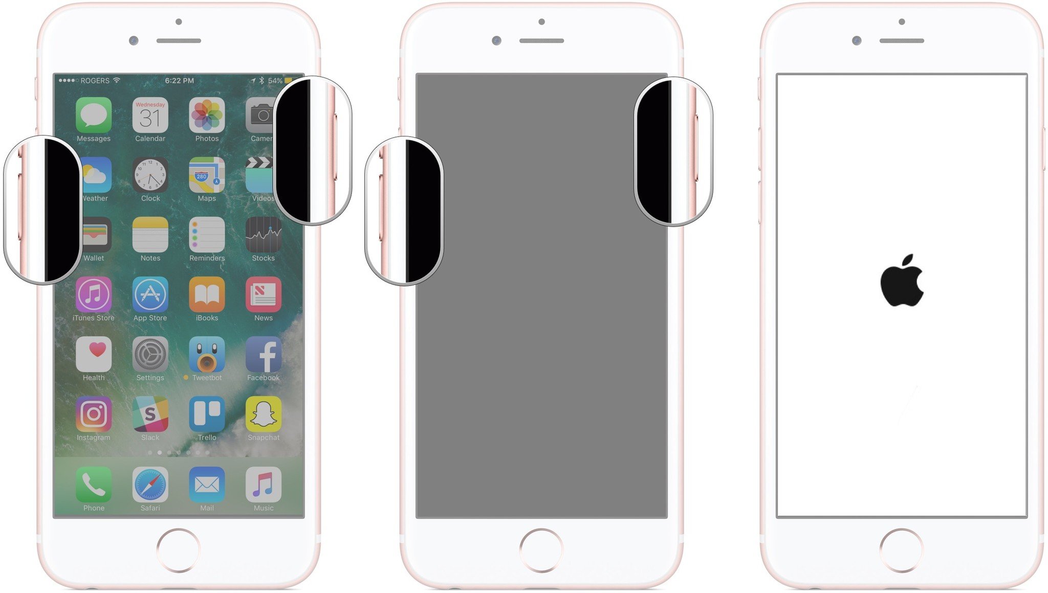 Zurücksetzen des iPhone 7: Halten Sie die Ein-/Aus-Taste gedrückt, halten Sie die Ein-/Aus-Taste weiterhin gedrückt und halten Sie die Leiser-Taste gedrückt.