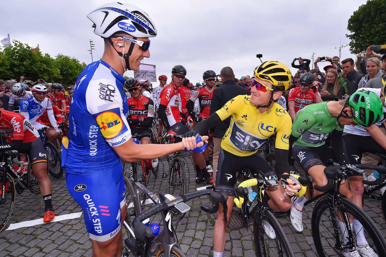Yellow jersey Geraint Thomas and eventual stage 2 winner Marcel Kittel at the Tour de France