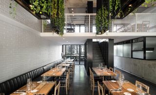 Wall seating and first floor at Mecha, Buenos Aires, Argentina
