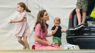 Catherine, Duchess of Cambridge, Prince Louis, Prince George and Princess Charlotte attend The King Power Royal Charity Polo Day at Billingbear Polo Club on July 10, 2019 in Wokingham, England