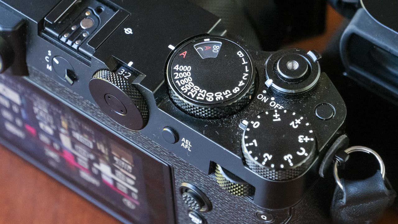 Closeup of the Fujifilm GFX100 RF's control dials