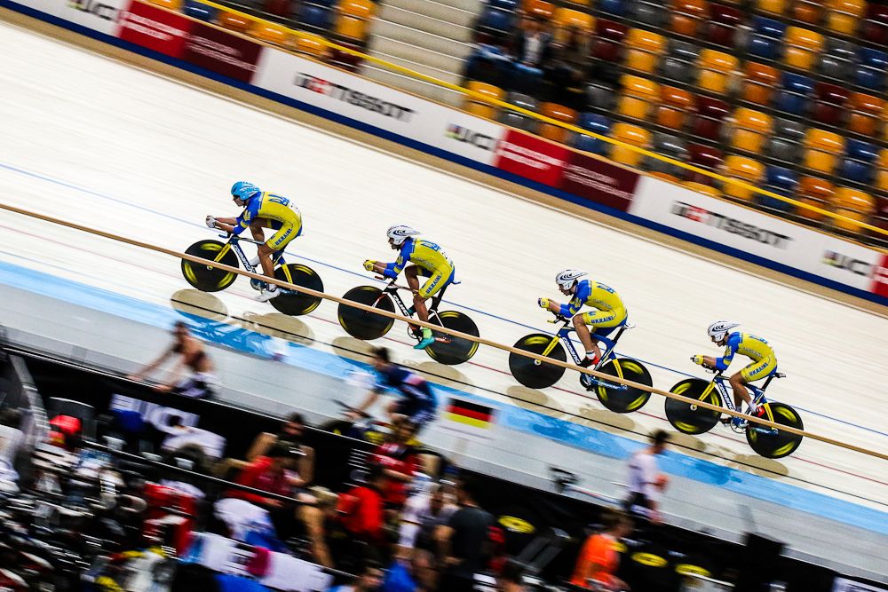 The Ukranian team competes in the Men's Team Pursuit as part of the UCI Track World Cup at Omnisport Apeldoorn