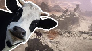 A stock image of a cow looks out from the corner of a Diablo 4 screenshot