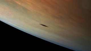 A small black shadow cast upon Jupiter.