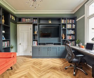 grey home office with fitted furniture and built-in storage