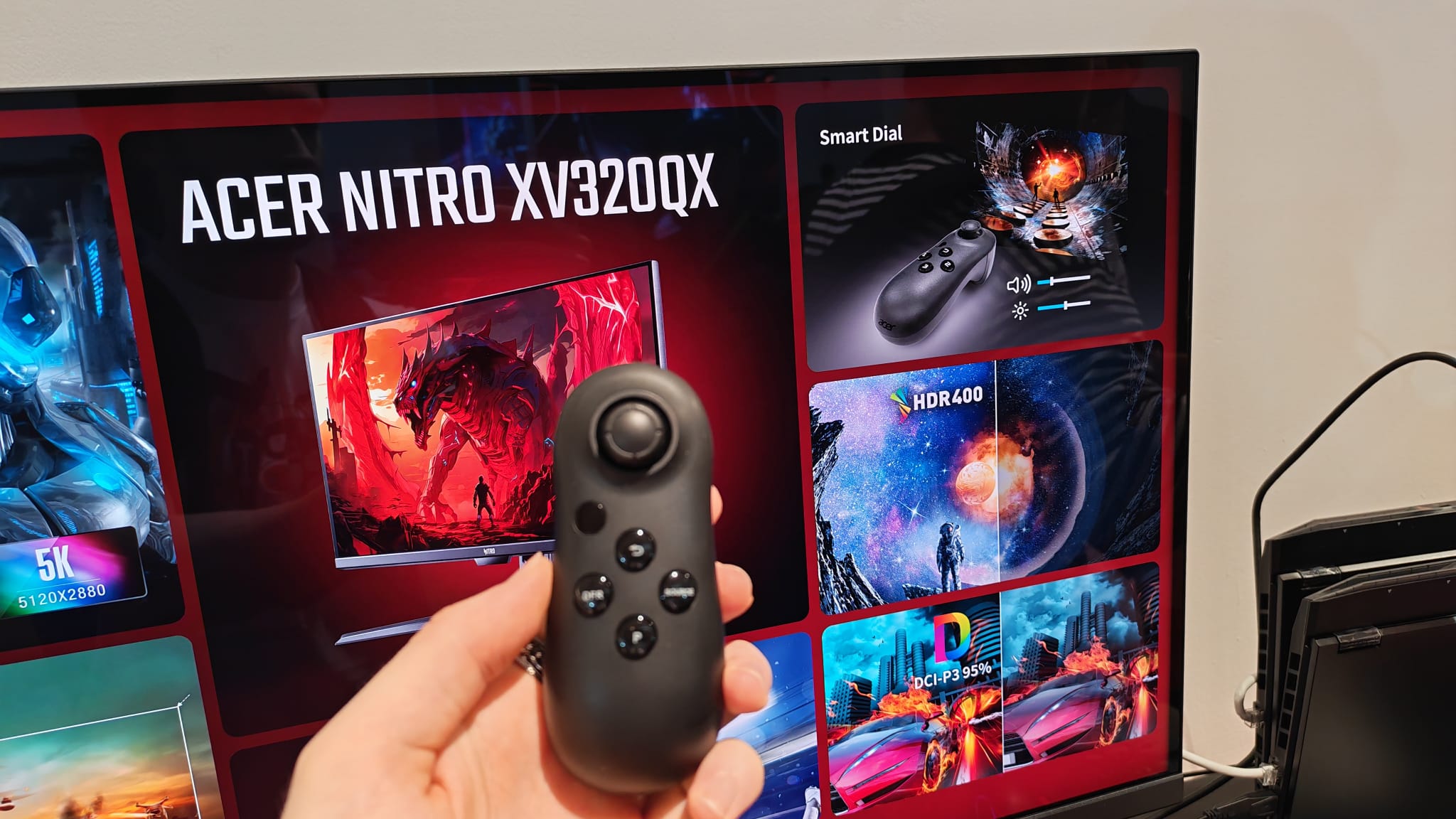 A closer look at the Acer Smart Dial in front of the Nitro XV320QX