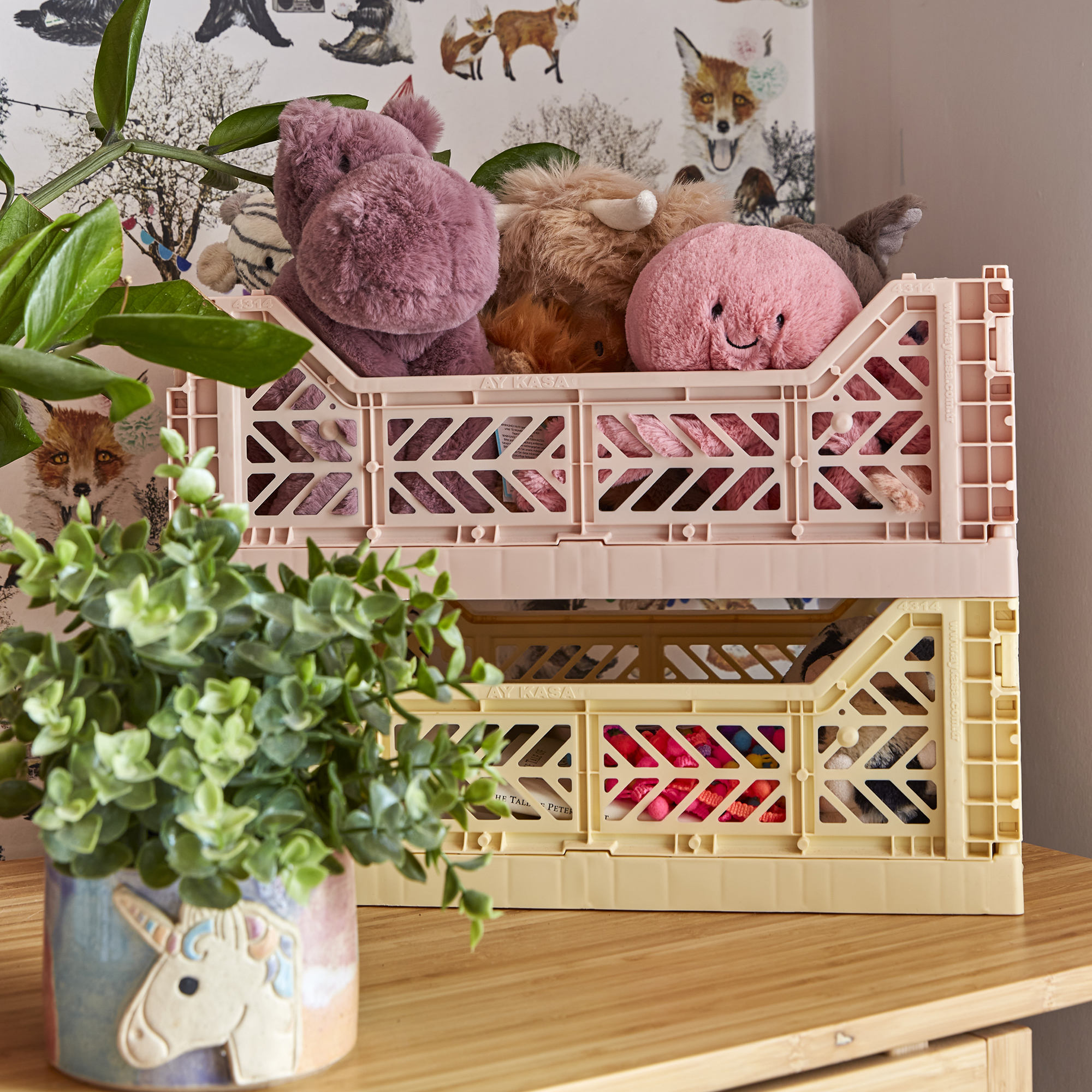 Toy storage in pastel crates