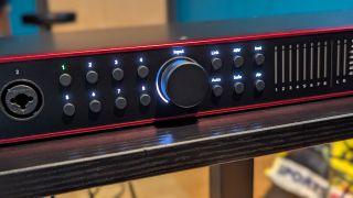 Close up of the input knob and buttons on the Focusrite Scarlett 18i20 4th Gen