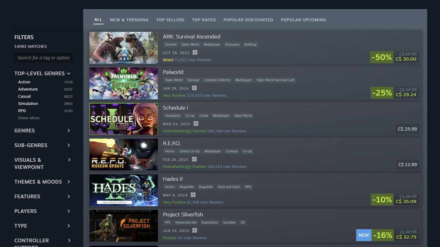 Steam Early Access game listings